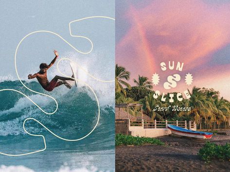 Sunslice Surf House branding, lettering, custom font and logos by Alex Beebe on Dribbble Surf School Logo, Surfing Branding, Surf Design Graphic, Surf Font, Surf Branding, Logo Surf, Beach Fonts, House Branding, Bulletin Journal