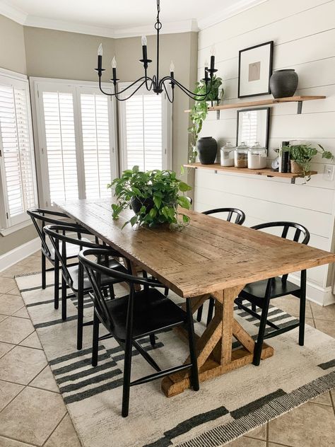 I found this black and white rug called the Aibonito Wool Area Rug and fell in love with the clean lines. I knew this was exactly the look that I was going for. It is a beautiful wool rug that complimented this space perfectly. Striped rugs effortlessly complement various design styles and can create a sense of movement and flow in your room. Shiplap Wall Diy, Kitchen Refresh, Faux Shiplap, Bedroom Area Rug, Farmhouse Dining Room, Ship Lap Walls, Farmhouse Dining, Farmhouse Living, Modern Area Rugs