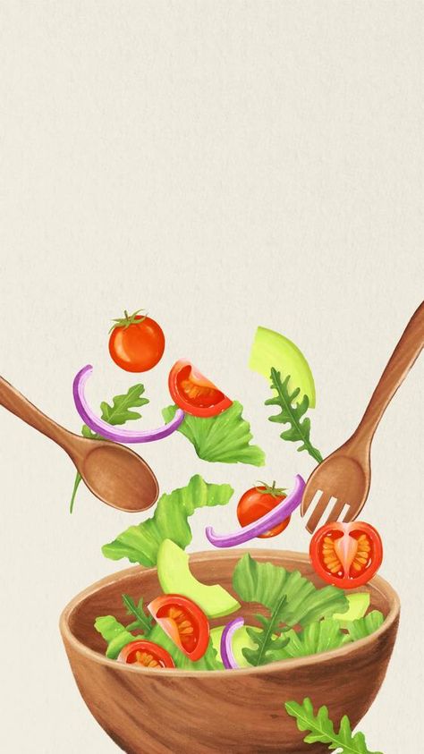 Salad Background Design, Salad Bowl Drawing, Salad Bowl Illustration, Healthy Eating Wallpaper, Healthy Food Illustration Art, Salad Doodle, Healthy Food Wallpaper, Healthy Food Drawing, Healthy Food Cartoon