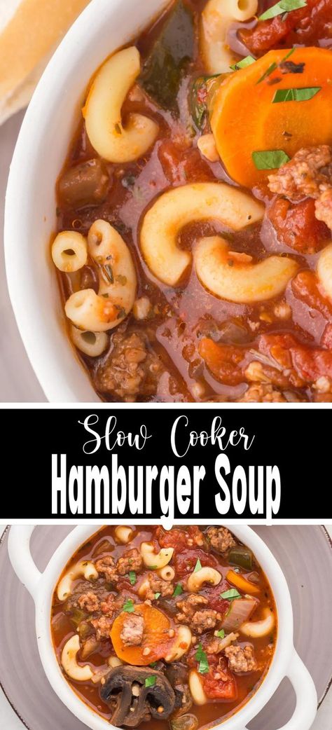 Closeup overhead shot of bowlful of slow cooker hamburger soup at top and overhead shot of slow cooker hamburger soup at bottom. Crockpot Hamburger Soup, Beef Soup Crockpot, Hamburger Soup Crockpot, Hamburger Crockpot Recipes, Slow Cooker Hamburger Soup, Slow Cooker Hamburger, Beef Veggie Soup, Vegetable Soup Crock Pot, Hamburger Soup Recipe