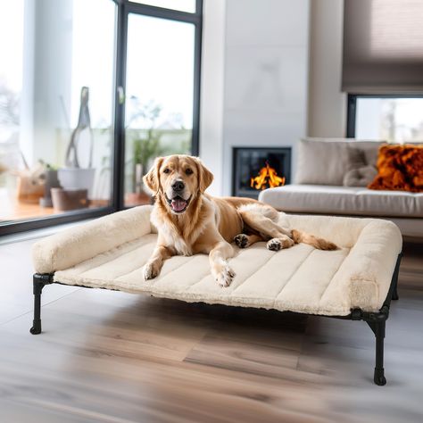 PRICES MAY VARY. Large Dog Sofa Bed: The dog bed frame measures 42" x 30" x 7" (107 x 76 x 18 cm), fitting pets up to 38 inches long. Ideal for breeds like Golden Retrievers, Labradors, Rottweilers, Boxers, Huskies, Border Collies and Wolf dogs etc. Plush Bolster Dog Bed: The fluffy bolster provides excellent neck support, encouraging your dog to snuggle in for a restful sleep. Crafted with a deluxe plush sleeping surface, it is super soft and calming. The top dog mat also features a non-slip ba Elevated Dog Beds For Large Dogs, Dog Bed Ideas For Living Room, Outdoor Dog Furniture, Lifted Dog Bed, Raised Dog Bed, Dog Bed Frame, Dog Couch Bed, Stylish Dog Beds, Raised Dog Beds