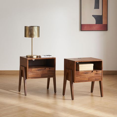 PRICES MAY VARY. Dimensions: 19.7 (W) x 15 (D) x 23.6 (H) Inches; 30-Day Return with 1-Year Warranty Design: Mid-century modern, where style meets functionality – 100% solid acacia wood body for long-lasting use Sturdiness: Sturdy angled legs. Higher quality coating on tabletop for extra scratch and heat resistance – have your coffee in bed worry-free Max load: 110lbs Easy to assemble: 1-person assembly in less than 15 minutes Power cord: 73.6” long for convenience Wood material: Solid acacia wo Dark Wood Dresser, Wood Night Stand, Nightstand Small, Bedside Table With Drawer, Mid Century Modern End Table, Mid Century Bed, Teak Nightstand, Unique Nightstand, Coffee In Bed