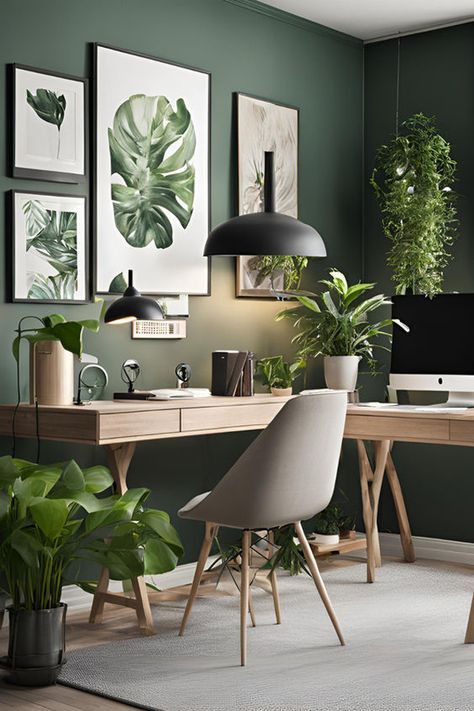 Office Plant Room Ideas, Comfy Office Ideas, One Color Office, Creative Office Inspiration, Home Office Ideas Sage Green, Functional Office Decor, 2024 Office Design, Scandinavian Home Office Design, Coastal Home Office Ideas