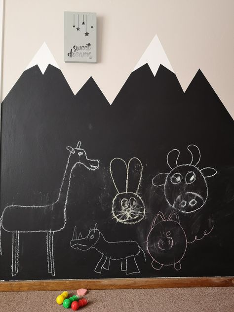 Easy DIY Chalkboard paint idea. Used Fired Earth bubble gum scented paint Chalkboard House Wall, Chalk Paint Wall Kids Room, Toy Room Wall Paint Ideas, Chalk Wall Ideas For Kids, Chalkboard Kids Room, Chalk Board Walls Kids, Chalkboard Wall Kids Room, Kids Chalkboard Wall Ideas, Chalk Wall Bedroom