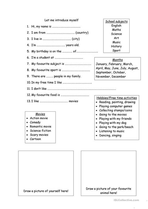 Let me introduce myself - English ESL Worksheets for distance learning and physical classrooms Esl Reading Comprehension, Speaking Cards, English Homework, Cloze Activity, Let Me Introduce Myself, Simple Present Tense, Words To Describe Yourself, Introduce Myself, Likes And Dislikes