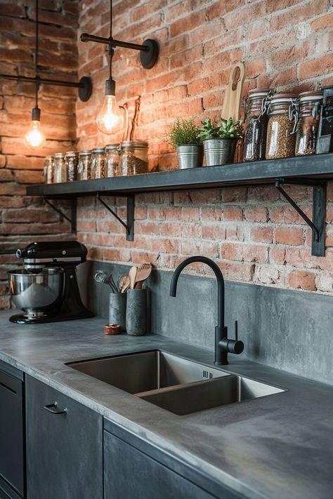 Discover the latest kitchen design featuring exposed brick walls and a concrete countertop for a chic industrial look. 📸 Perfect blend of modern and rustic! #KitchenDesign #HomeDecor #InteriorDesign Modern Brick Backsplash, Concrete Countertops And Backsplash, Cement And Brick Wall, Exposed Brick Coffee Shop, Concrete Quartz Countertops Kitchen, Soft Industrial Kitchen, Grey Brick Backsplash Kitchen, Exposed Brick In Kitchen, Grey Brick Kitchen