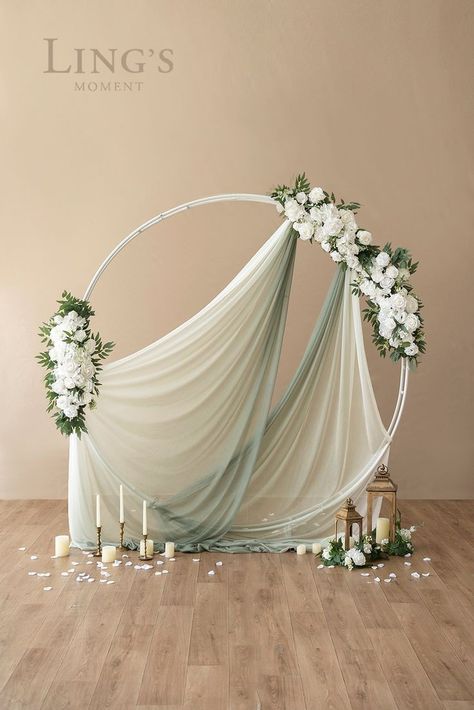 Circle Decorations Wedding, Sage Theme Wedding Decor, Chiffon Wedding Decorations, Circle Wedding Backdrop Ideas, Sage Green Wedding Arch Ideas, Green Sage Decor, Ring Backdrop Decor, Circle Wedding Arch Sweetheart Table, Round Backdrop With Curtain