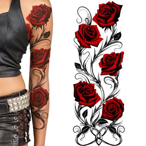 temporary tattoo red rose flower temp tattoo Tatoo Rose, Rose Vine Tattoos, Temporary Tatoo, Rose Tattoo On Arm, Tattoo Hip, Skull Rose Tattoos, Rose Tattoo Sleeve, Rose Tattoos For Women, Female Body Art