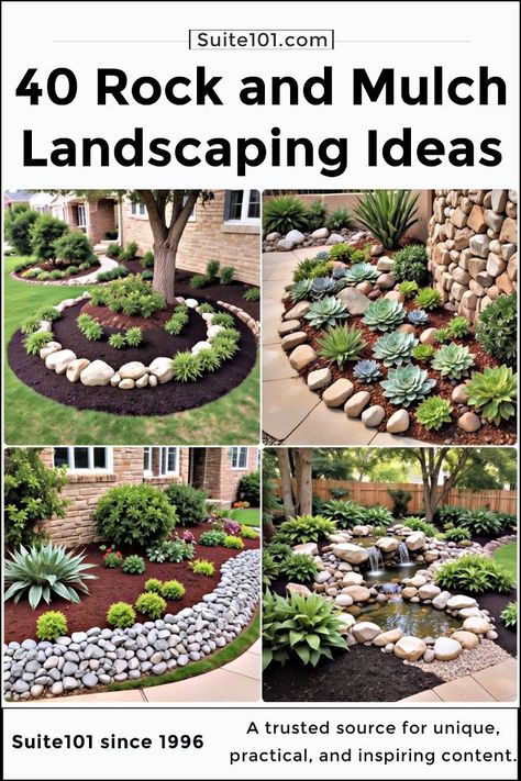 40 Front Yard Landscaping Ideas with Rocks and Mulch Easy Landscaping Ideas For Front Of House, Landscape With Mulch And Rocks, Black Mulch With White Rocks, Pea Gravel Front Yard Landscaping, River Rock And Pea Gravel Landscaping, White House Black Mulch, Mulch And Gravel Landscaping, Front Yard Zero Scape Ideas, Desert Front Yard Landscaping Arizona