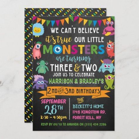 $2.45 | Little Monster Chalkboard 2nd & 3rd Joint Birthday #littlemonster #chalkboard #monsterparty #boysbirthday #monsters #kids #2ndand3rdjointbirthday #secondandthirdjointbirthday #turningtwoandthree #halloween Sibling Birthday Parties, Combined Birthday Parties, Halloween Birthday Invitations, 2nd Birthday Invitations, Fourth Birthday, Monster Birthday, Birthday Halloween Party, Monster Party, 1st Birthday Invitations