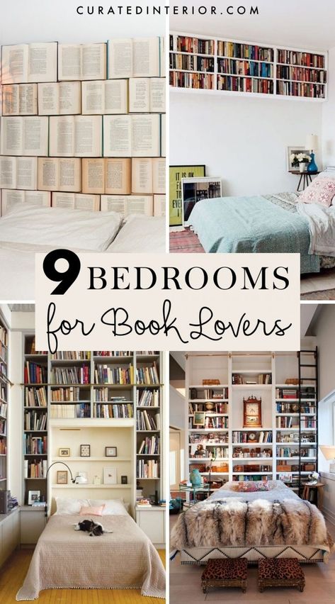 9 Bedrooms with Endless Bookshelves for Book Lovers Book Nook Ideas Adults, Book Lovers Apartment, Bedroom And Library In One, Rooms For Book Lovers, Ceiling Bookshelf Wrap Around Bedroom, Bedrooms With Library, Bookcases Around Bed, Book Inspired Bedroom, Library Bedroom Ideas Cozy