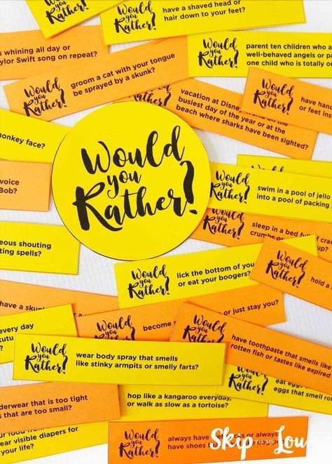 Free to print at home Would You Rather game questions. Fun for kids and adults. #printable #gamenight #wouldyourather Would You Rather Game, Family Friendly Games, Rather Questions, Get To Know You Activities, Would You Rather Questions, Therapy Games, Ice Breaker Games, Team Building Activities, Ice Breakers