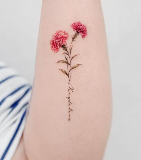 The Meanings Of Carnation Tattoos (Explained In Detail) Red Carnation Tattoo, Spain Tattoo, Mutterschaft Tattoos, Flower Tattoo Meaning, Name Flower Tattoo, Carnation Flower Tattoo, October Flower, Carnation Tattoo, Flower Tattoo Meanings