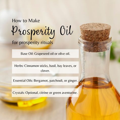 Prosperity oil is a blend of essential oils believed to attract wealth, abundance, and good fortune. Here are some ways people use it: Applied to the body: A dab on your wrists, wallet, or a piece of jewelry you wear daily is a common practice. Diffused in the air: Using a diffuser fills a room with the oil's aroma, which some believe creates a prosperous atmosphere. Added to ritual baths: Some people incorporate prosperity oil into spiritual baths for cleansing and inviting positive ene... Prosperity Oil, Spiritual Baths, Witchy Business, Beginner Witch, Witch Tips, Wealth Abundance, Spiritual Bath, Spell Books, Witchcraft Spell Books