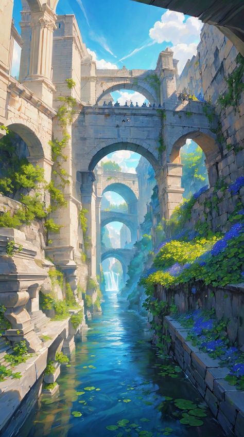 Fantasy Coast Art, Fantasy Waterfall City, Fantasy Lake City, City Inside Mountain Concept Art, Fantasy River City, Water City Fantasy Art, Fantasy Port City, Fantasy Landscape Concept Art, Fantasy City Art