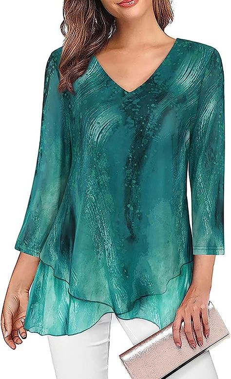 SeSe Code Summer Tops for Women 2023, 3/4 Sleeve Shirt V Neck Dressy Formal Top Elegant Evening Chiffon Slimming Blouse Stretchy Asymmetrical Hem Green Large at Amazon Women’s Clothing store Graphic Floral, Dressy Blouse, Hem Blouse, Women's Blouses, Graduation Outfit, Women Long Sleeve Tops, Basic Long Sleeve, Green Top, Casual Black