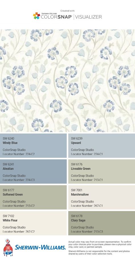 Livable Green Color Palette, French Country Paint Palette, White Walls Blue Trim Bedroom, Cottage Bathroom Colors, Cottage Color Palette Sherwin Williams, Sw Faded Flax Flower, Upward Color Palette, Sherwin Williams Faded Flax Flower, Southern Home Color Palette