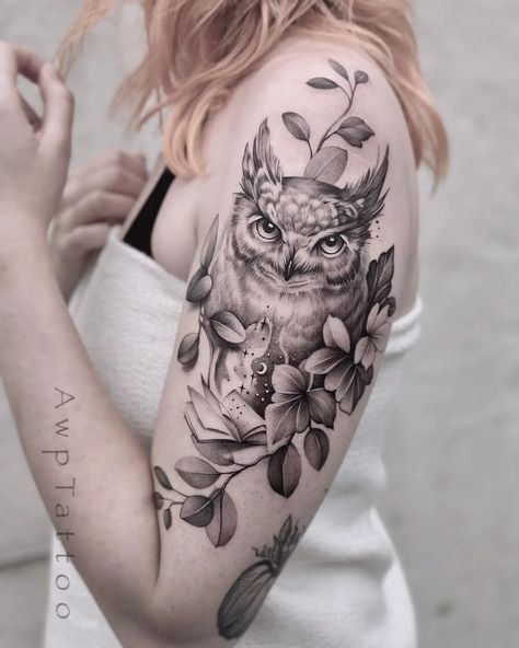 Full Sleeve Realism Tattoo, Owl Tattoo Calf, Owl Tattoo Wings Open, Baby Owl Tattoo For Women, Owl Bicep Tattoo, Owl Book Tattoo, Leg Nature Tattoo, Realistic Flower Tattoo Black And White, Realistic Owl Tattoo For Women