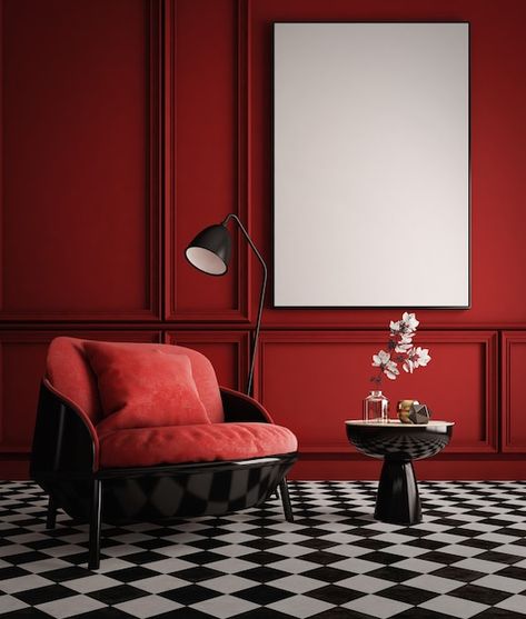 Modern classic style interior with red w... | Premium Photo #Freepik #photo #classic-furniture #armchair #furniture #home-furniture Black Modern Interior, Mediterranean Style Interior, Living Room Mediterranean, Red Interior Design, Empty Rooms Interior, Red Hotel, Luxury On A Budget, Boho Style Interior, Classic Style Interior