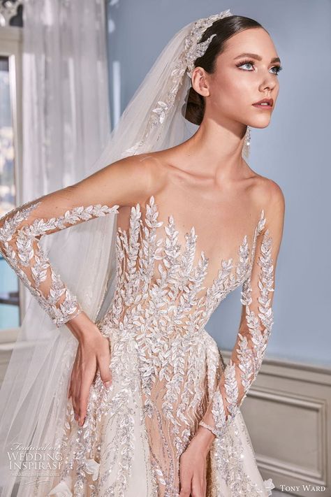 tony ward fall 2022 bridal sheer long sleeves illusion sweetheart neckline embellished lace a line wedding dress chapel train (3) zv -- Tony Ward La Mariée Fall 2022 Wedding Dresses | Wedding Inspirasi #wedding #weddings #bridal #weddingdress #weddingdresses #bride #fashion #collection:LaMariée #collection:LadyCosmopolite #label:TonyWard #week:032022 #year:2022.season:Fall/Winter ~ Tony Ward Bridal, Lace A Line Wedding Dress, 2022 Wedding Dresses, Tony Ward Couture, Embroidered Leaf, Cathedral Train, Bridal Consultant, Fancy Wedding Dresses, Couture Wedding Gowns