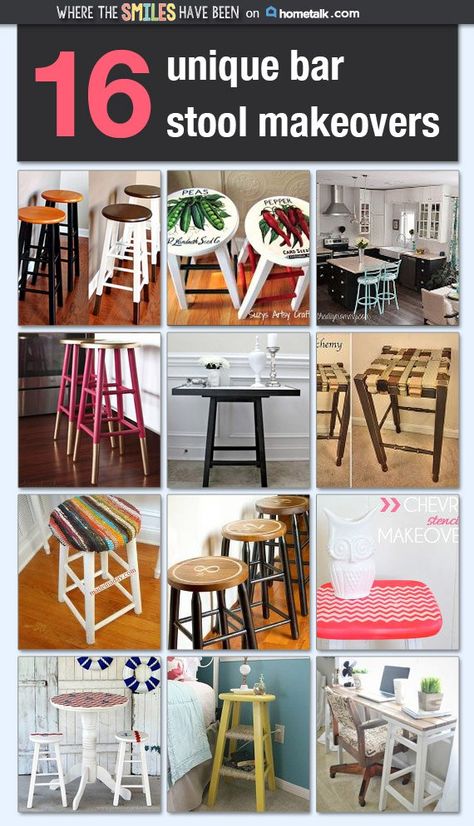 16 Unique Bar Stool Makeovers via Where The Smiles Have Been & Hometalk!                                                                                                                                                      More Bar Stools Repurposed, Refurbished Bar Stools, Diy Stools, Bar Stool Makeover, Unique Bar Stools, Painted Bar Stools, Diy Bar Stools, Cheap Dining Chairs, Stool Makeover