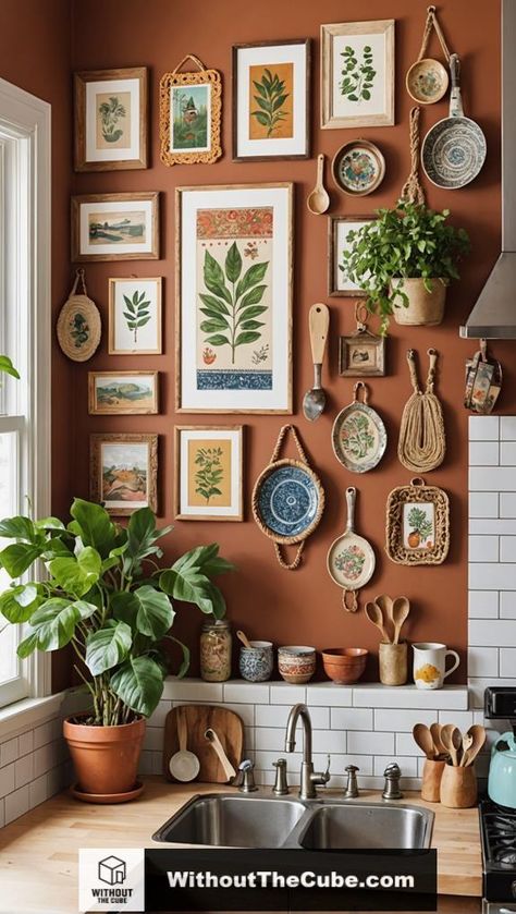 An eclectic gallery wall transforms your kitchen into a vibrant tapestry of art and personality. By combining framed prints, colorful ceramics, and family photos, you can create a unique space that reflects your journey. Discover how layering textures and styles can enhance your kitchen's inviting atmosphere and tell your story. #HomeDecor #KitchenDesign #BohemianKitchen #BohoStyle #EclecticDecor #WallArtIdeas Colorful Kitchen Ideas Bright Bohemian, Photos For Kitchen Wall, Pop Of Color Kitchen Decor, Collage Wall Kitchen, Cottage Kitchen Art, Tapestry Gallery Wall, Gold Kitchen Walls, Eclectic Art Gallery Wall, Art Above Kitchen Cabinets