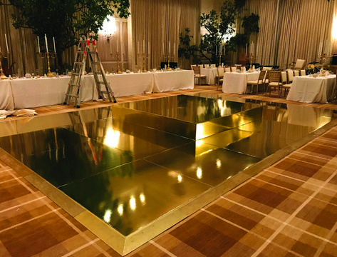 Gold mirror vinyl wrap on a wedding reception dance floor Reflective Dance Floor Wedding, Epoxy Dance Floor, Gold Mirror Dance Floor, Gold Dance Floor, Mirror Dance Floor, Dance Floor Vinyl, Red Gold Wedding, Gold Reception, Outdoor Tent Wedding