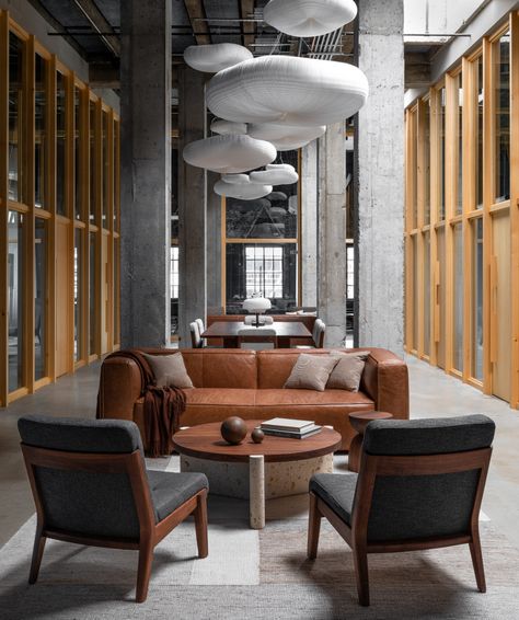 Jhl Design, Penthouse Office, Industrial Workspace, Lounge Seating Area, Moody Office, Loft Interior, Traditional Office, Office Lounge, Paper Mill