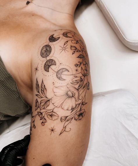 Feminine Celestial Tattoo, Moon Phases Flower Tattoo, Magical Sleeve Tattoos For Women, Astrology Themed Tattoos, Womens Witchy Tattoos, Prettiest Tattoos, Cresent Moon Tatoos Woman, Moon Phases Shoulder Tattoo, Floral Moon Tattoo Designs