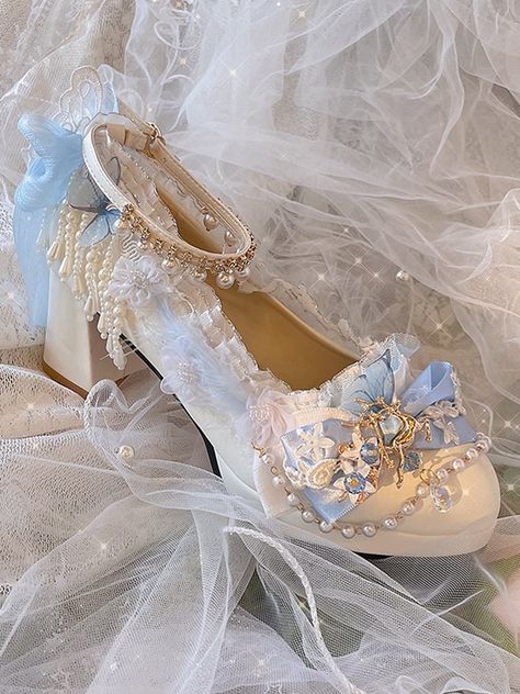 Floral Design Artificial Pearls Decorated High Heels Princess Heels, Hairstyles Color, Fairy Shoes, Party High Heels, Heels Aesthetic, Cinderella Shoes, Princess Shoes, Natural Lighting, Mary Jane Heels