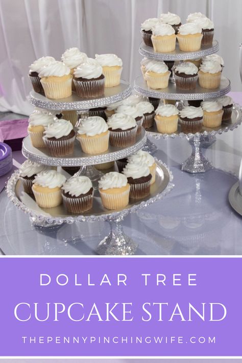 Dollar store. Wedding. Easy. Baby shower. Cheap. Tier. Ideas. Tutorial. Learn how to make this gorgeous cupcake stand with just a few dollar tree items. #dollartree #diywedding  #dollarstorecrafts How To Make Cupcake Stand Diy, Diy Dessert Tier Stand, Dessert Table Dollar Tree, Cupcake Stand Ideas Display, Diy 5 Tier Cupcake Stand, Diy Dessert Tray Tiered Stand, Diy Dollar Tree Dessert Stand, Mini Cupcake Stand Ideas, Cupcake Displays Diy