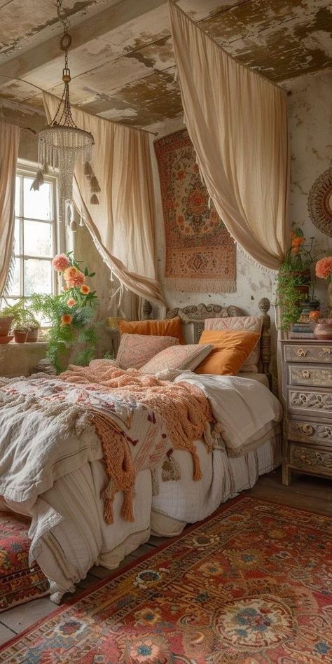 1700s Home Decor, Boho Lights Bedroom, Maximalist Bedroom Aesthetic Vintage, Bohemian Look Outfits, Bedding Ideas Boho, Fantasy Room Aesthetic, Bohemian Bedroom Decor Chic, Vintage Bedroom Inspiration, Vintage Cozy Bedroom