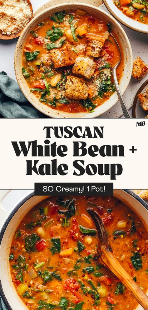 Comforting, creamy Tuscan-inspired soup with white beans, kale, tomatoes, and herbs! Warming, savory, hearty, and full of nourishing veggies and fiber-rich beans. Just 1 pot required! Tuscan Bean Soup With Kale, Dairy Free Tuscan Soup, Turkey Sausage Kale White Bean Soup, Kale Tomato Soup, Kale Veggie Soup, White Bean And Mushroom Cassoulet, Ambitious Kitchen Soup, Leftover Kale Recipes, Kale And Peppers Recipe