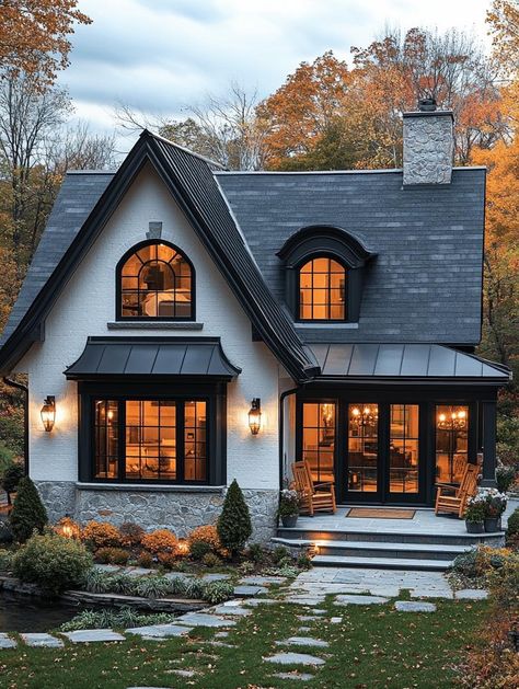 Tudor Style Homes Exterior Update, Quaint Houses Exterior, Tudor Style Homes Small, Modern Country French Decor, White French Cottage Exterior, French Farmhouse Architecture, Blue Window Trim Exterior, White English Cottage Exterior, Two Story Stucco House Exterior