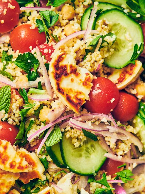 Herby Couscous With Halloumi, Halloumi Cous Cous Salad, Healthy Halloumi Salad, Greek Halloumi Recipes, Haloumi Salad Ideas, Halloumi Couscous, Seared Halloumi, Herb Couscous, Halloumi Cheese Recipes