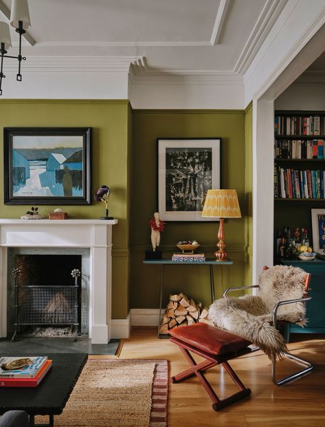 Edwardian Living Room, Olive Living Rooms, Edwardian Home, London Living Room, Greek Heritage, Edwardian House, Boutique Interior Design, London Home, Black And White Tiles