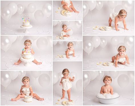 All White Smash Cake Photos, First Birthday White Theme, White First Birthday Photoshoot, Simple Cake Smash Photoshoot, First Birthday Studio Photos, Simple First Birthday Photoshoot, Balloon Cake Smash, Simple Cake Smash, White Cake Smash