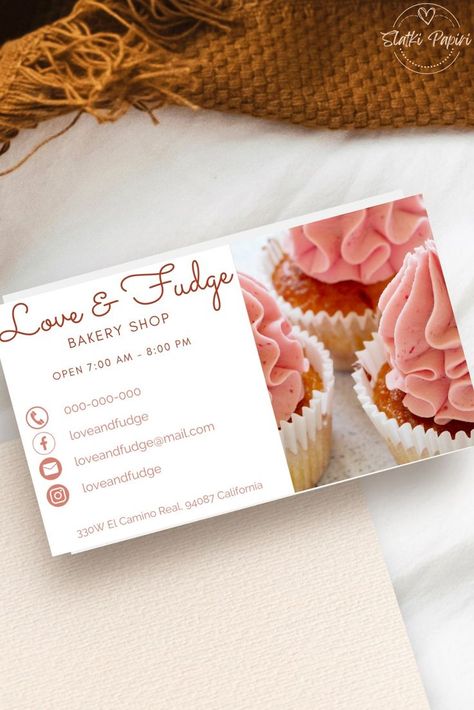 Editable business card template for your bakery shop - Customize it as you wish! Put your own picture, change the letters, colors - Cupcake Store, Bakery Business Cards Templates, Fudge Shop, Shop Business Card, Bakery Business Cards, Visiting Card Design, Bakery Business, Bakery Shop, Visiting Cards