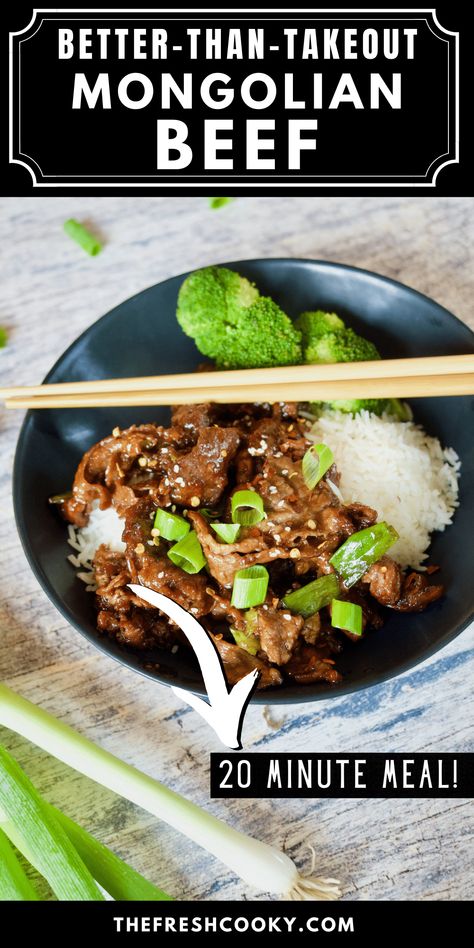 You will love this Mongolian beef recipe. Ready in 20 minutes, it is easy, quick and healthy. A shaved steak delicious stir-fry dish of tender beef coated in a slightly sweet and savory sauce. We love to serve it over steamed rice! A fantastic better-than-take-out recipe! Recipe and tips via @thefreshcooky Skirt Steak Recipes Asian, Shaved Steak Meal Prep, Shaved Steak Rice Bowl, Skirt Beef Recipes, Shaved Beef And Rice, Meals With Shaved Steak, Healthy Take Out, Shaved Steak Stir Fry, Recipes For Shaved Steak