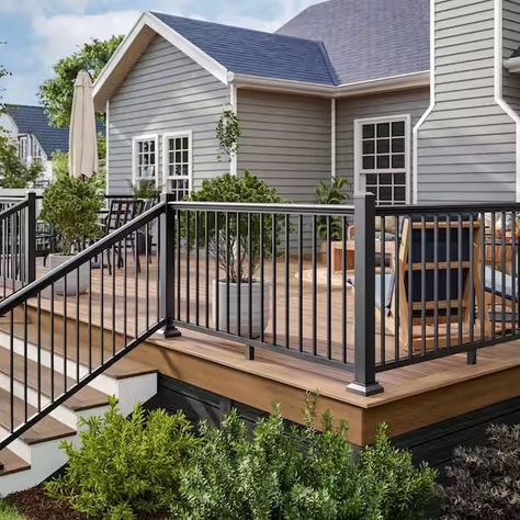 Iron Railings Outdoor, Deck Stair Railing, Stair Railing Kits, Stair Paneling, Deck Railing Systems, Aluminum Railing Deck, Deck Railing Design, Iron Stair Railing, Railings Outdoor