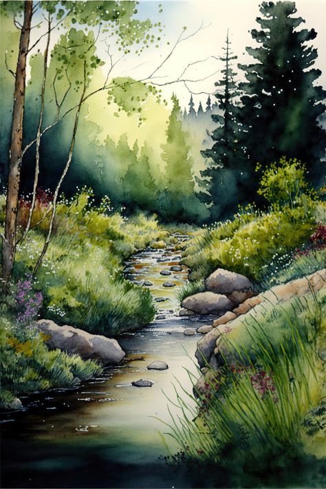 Creek Stream Landscape Watercolor Painting 3 Digital Download Print - Etsy Watercolor Stream, Stream Watercolor, Nature Watercolor Paintings, Stream Illustration, Landscape Paintings Watercolor, Stream Drawing, Watercolor Scenery Painting, Green Art Painting, Stream Landscape