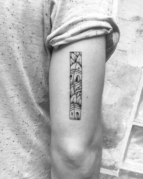 A rectangular tattoo containing a scenery of towers and leaves inked on the back of the right upper arm Vertical Tattoo Ideas, Rectangular Tattoo, Tricep Tattoo, Simbols Tattoo, Vertical Tattoo, Tricep Tattoos, Leaves Tattoo, Tatuagem Masculina Pequena, Simple Arm Tattoos