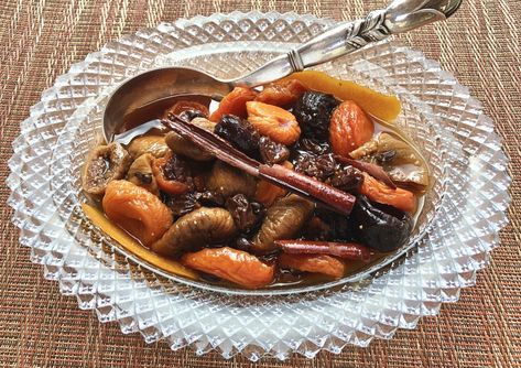 Dried Fruit Compote Recipe, Stewed Dried Fruit Recipe, Dried Fruit Recipe, Pumpkin Spice Ice Cream, Brunch Salad, Stewed Fruit, Dried Peaches, Jewish Learning, Fruit Compote