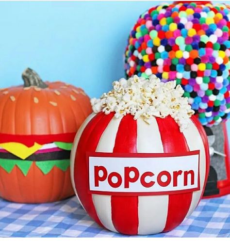 Painting Ideas Food, Popcorn Pumpkin, Teenager Party, Halloween Pumpkin Crafts, Creative Pumpkin Painting, Creative Pumpkin Decorating, Pumpkin Decorating Contest, No Carve Pumpkin Decorating, Recipe Pumpkin