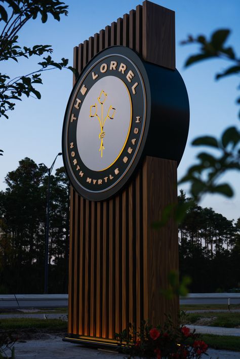 Illuminated Monument Signage we fabricated for The Lorrel in Myrtle Beach, SC. Pylon Design Ideas, Modern Monument Sign, Monument Signage Design, Signage Design Outdoor Creative, Coastal Signage, Pylon Signage Design, Signage Design Outdoor, Beach Signage, Exterior Signage Design