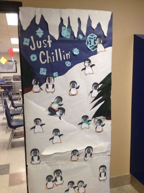 Winter Classroom Door Decorations. Have each kid take a "selfie" and put their face on a penguin template. Turned out super cute!! Penguin Classroom Door, Winter Classroom Door Decorations, January Door Decorations, Holiday Classroom Doors, Winter Door Decorations Classroom, Winter Classroom Door, Classroom Door Decorating, Classroom Door Decorations, Door Decorations Classroom Christmas