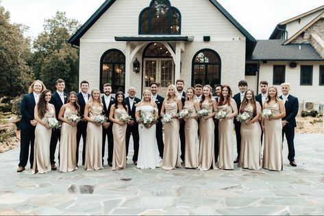 Black Suits Champagne Dresses, Revelry Champagne Dress, Wedding Venue Themes Reception Ideas, Wedding Color Schemes Beige, Champagne And Black Wedding, Champagne Wedding Party, Wedding Theme Color Schemes, Champagne Wedding Colors, Bridal Parties Colors