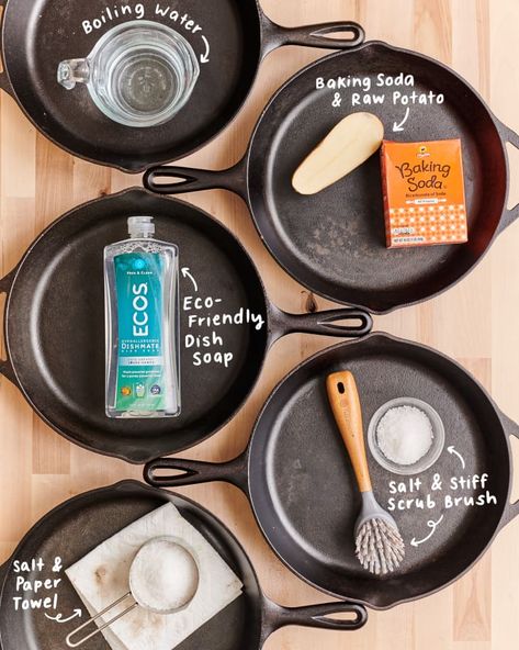 Cast Iron Cleaning And Seasoning, Clean A Cast Iron Skillet, Cleaning Cast Iron, Cleaning Cast Iron Pans, Cast Iron Skillet Recipes Dinner, Restore Cast Iron, Cleaning Utensils, Iron Cleaning, Cast Iron Skillet Cooking