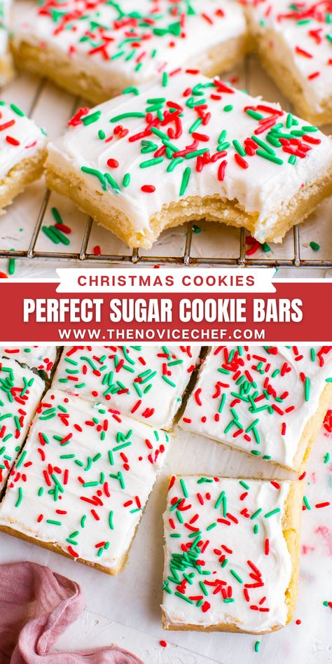 Frosted Sugar Cookie Bars are just as tasty as traditional sugar cookies, but with half the work! Give these festive dessert bars a try! #sugarcookies #cookies #christmas #christmascookies #holidaybaking #easycookies #cookiebars Buttery Christmas Sugar Cookies, Holiday Sugar Cookie Bars, Gingerbread Cookie Bars Easy, Cream Cheese Sugar Cookie Bars, Christmas Sugar Cookie Bars Recipe, Sugar Cookies Bars Recipe, Bar Sugar Cookie Recipe, Sugar Cookie Sheet Bars, Holiday Cookies And Bars