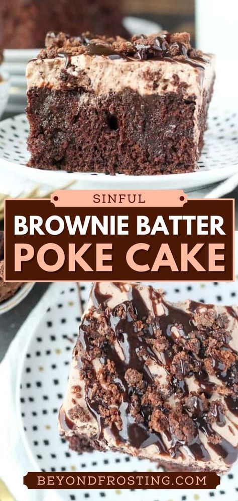 Brownie Batter Poke Cake, valentine's day treats, chocolate desserts, valentine's day recipes, date night ideas at home Poke Cake Recipes, Dessert Simple, Poke Cakes, Brownie Batter, Chocolate Dessert Recipes, Poke Cake, Cake Mix Recipes, Chocolate Chip Cookie Dough, Chocolate Lover